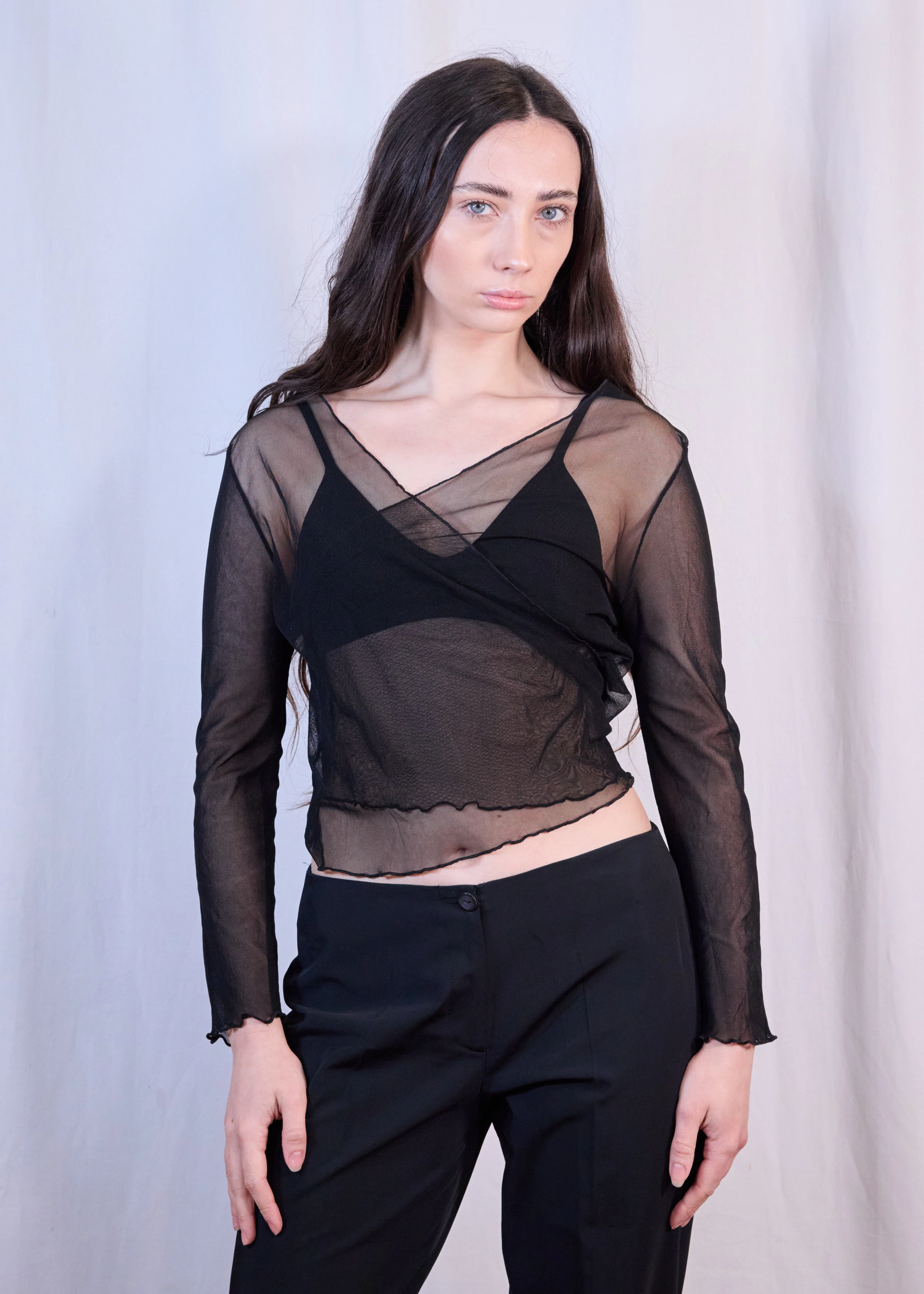 Black Mesh Front Wrap Top