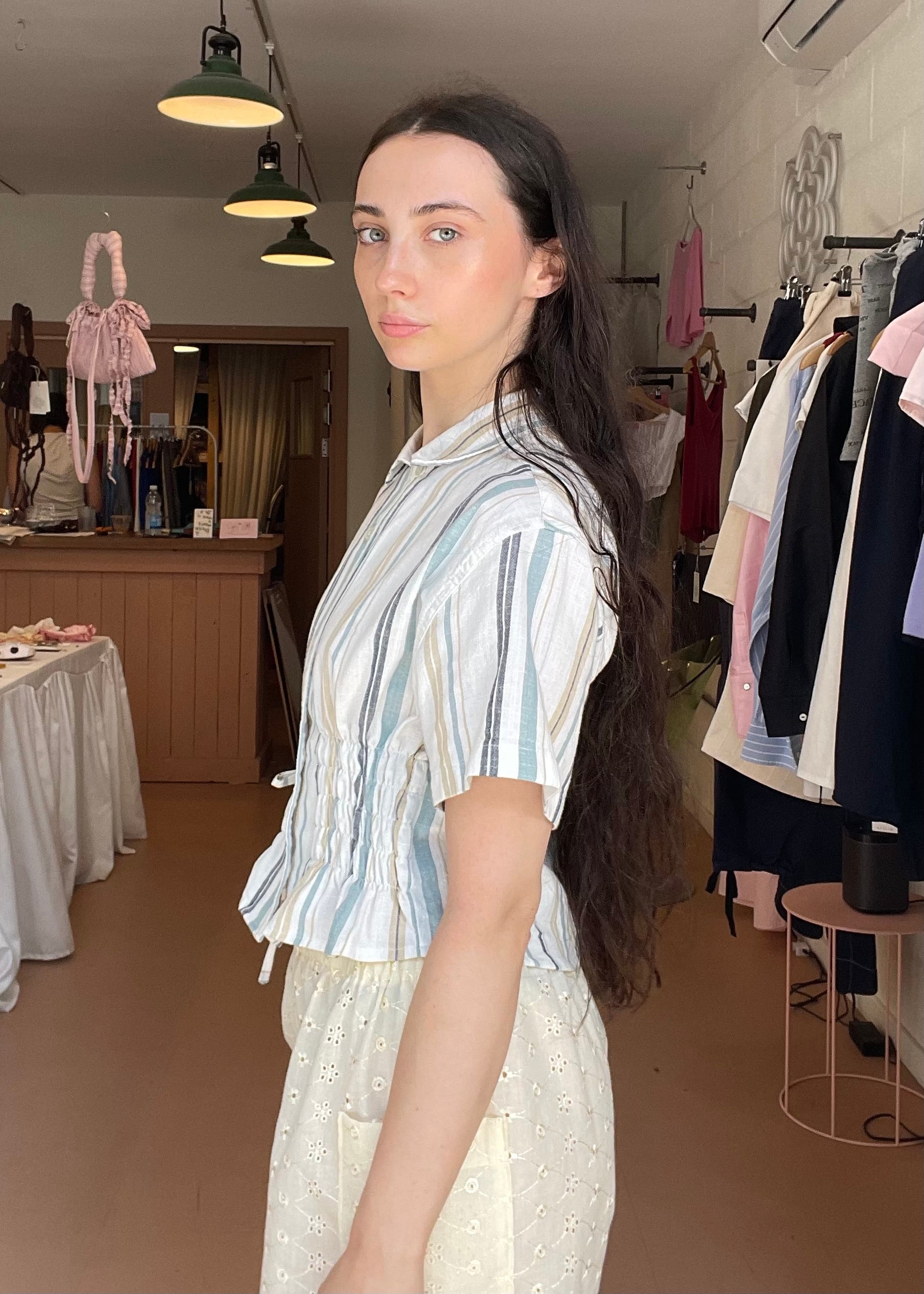 Cascade Shirt in Beige and Blue Stripe (Short Sleeve) - Image 2