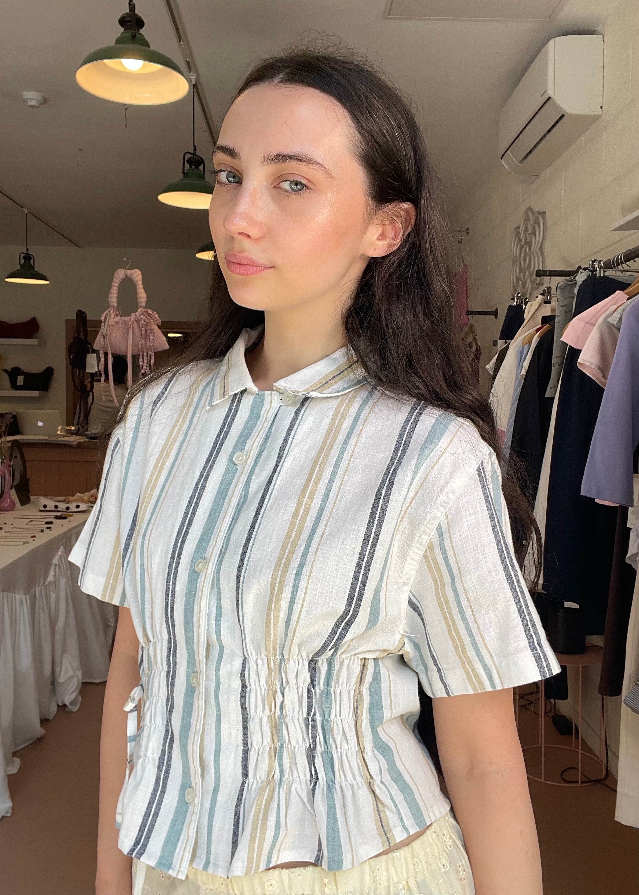 Cascade Shirt in Beige and Blue Stripe (Short Sleeve) - Image 3