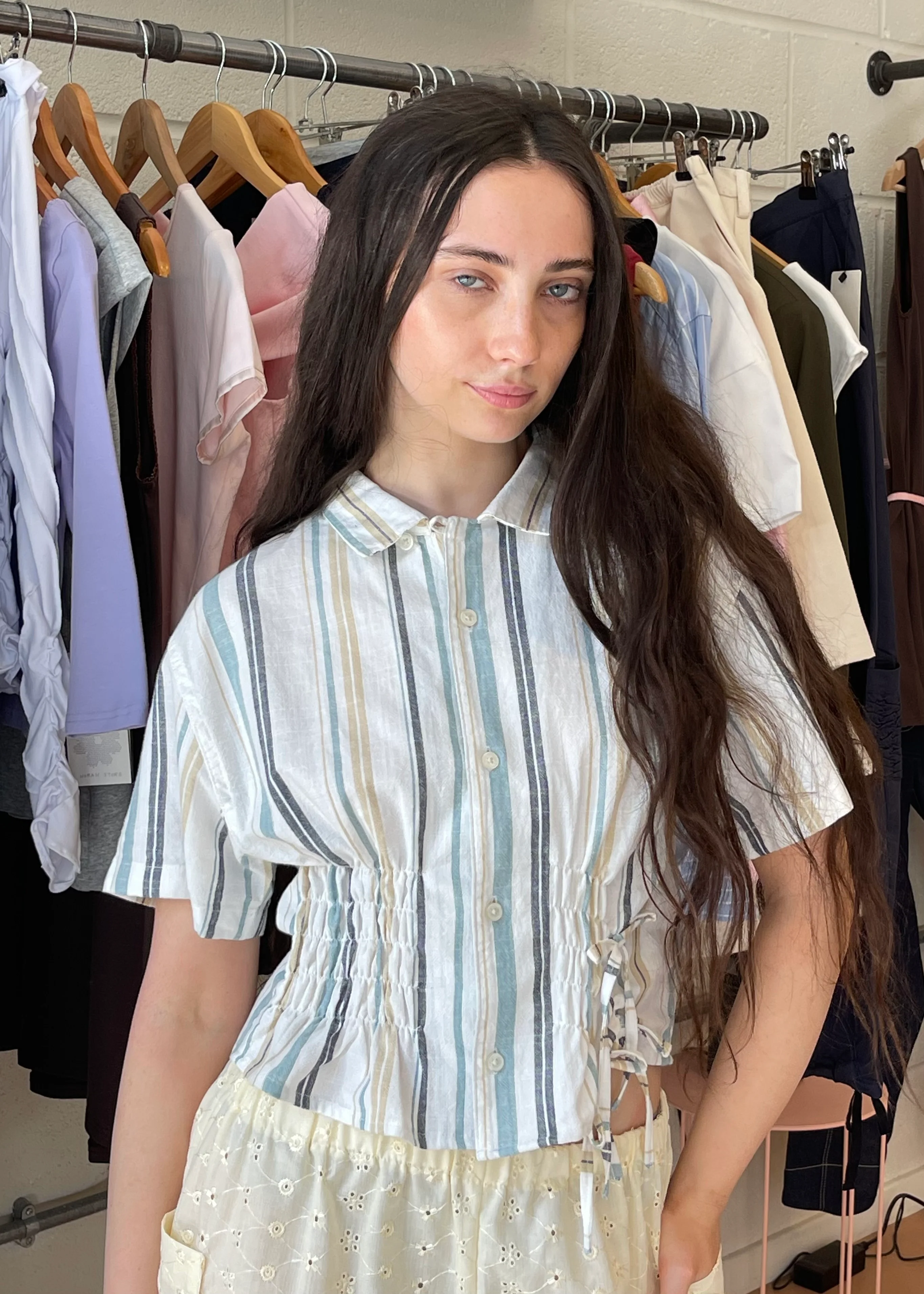 Cascade Shirt in Beige and Blue Stripe (Short Sleeve) - Image 4