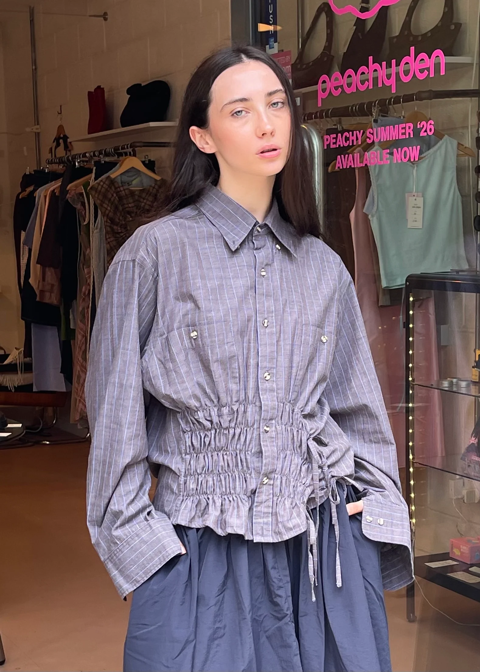 Cascade Shirt in Dark Grey and Blue Stripe - Image 2