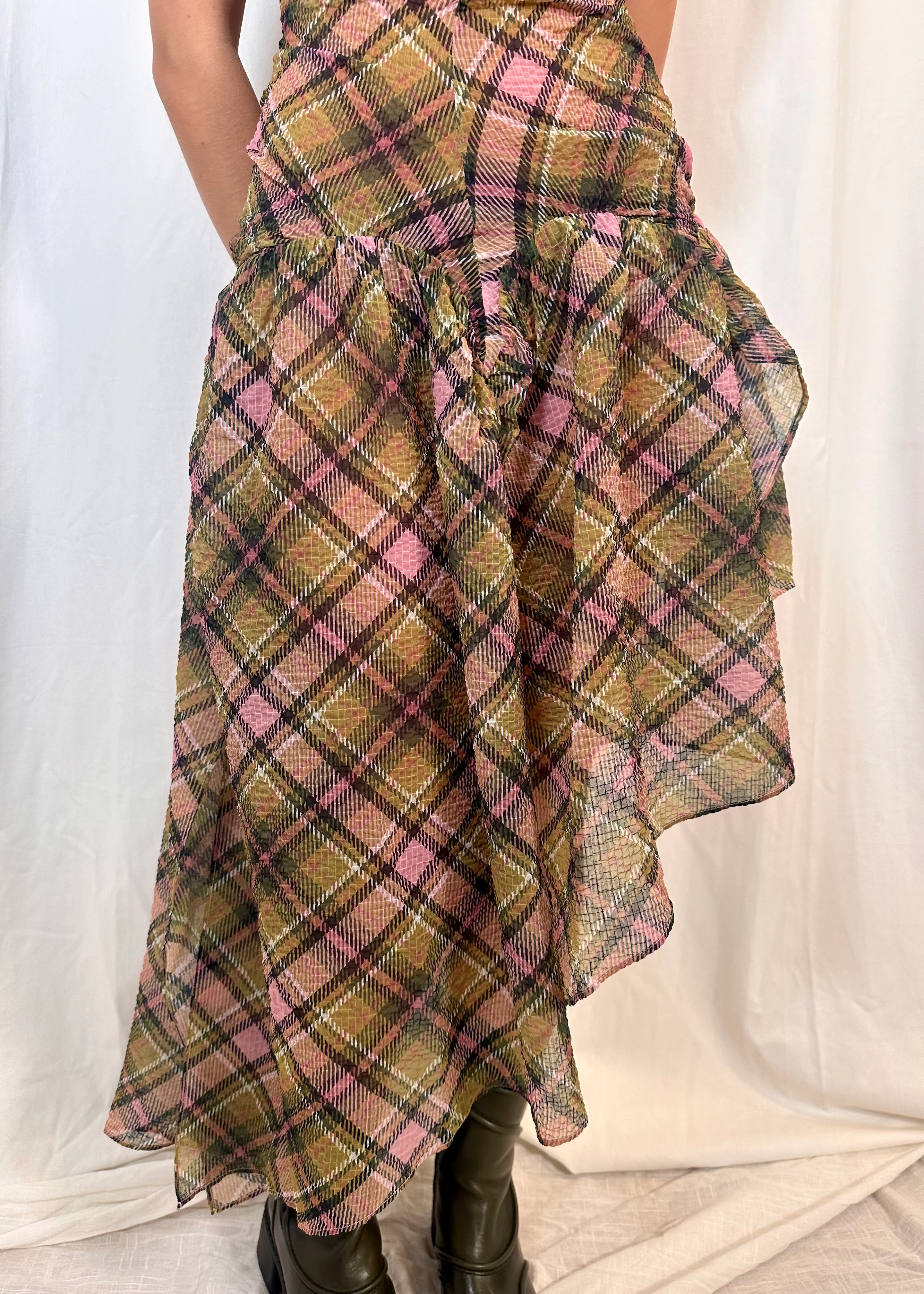 Plaid Puff Chiffon Asymmetrical Dress Smooky - Image 13