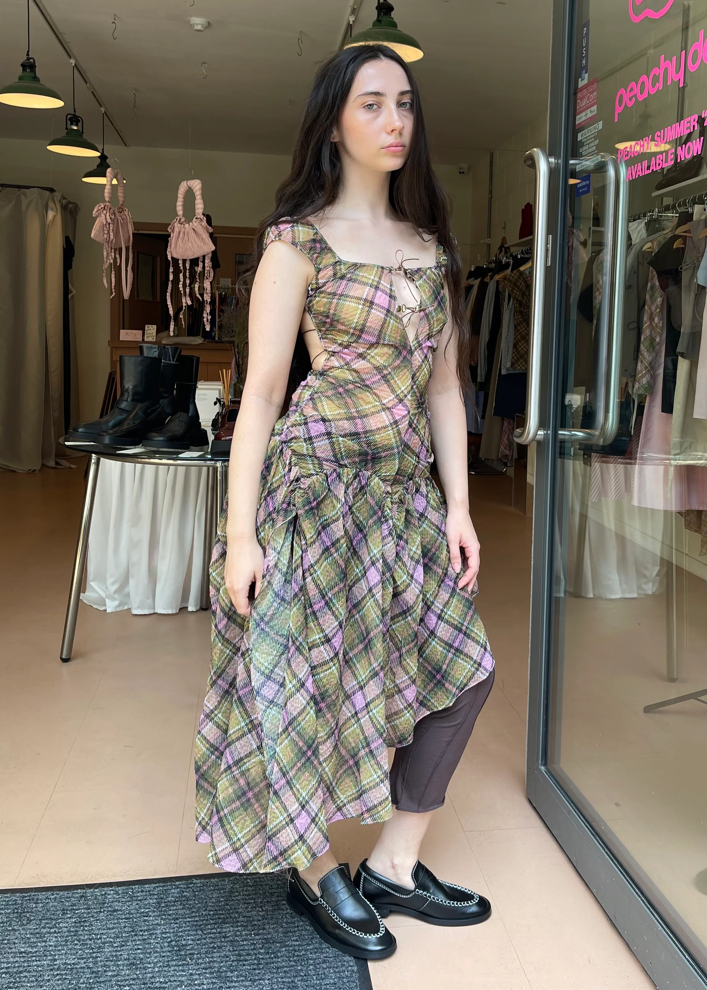 Plaid Puff Chiffon Asymmetrical Dress Smooky - Image 2