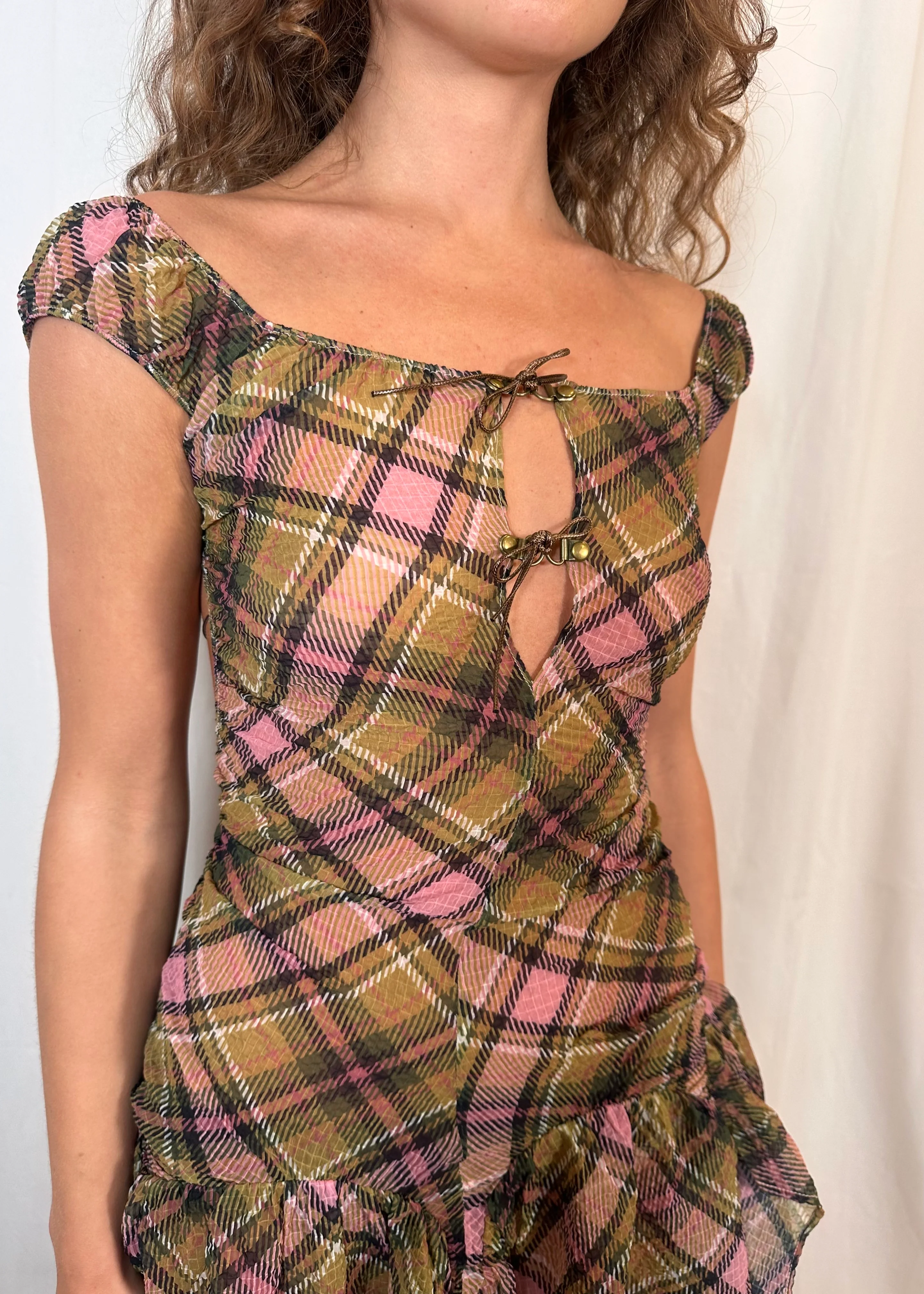 Plaid Puff Chiffon Asymmetrical Dress Smooky - Image 5