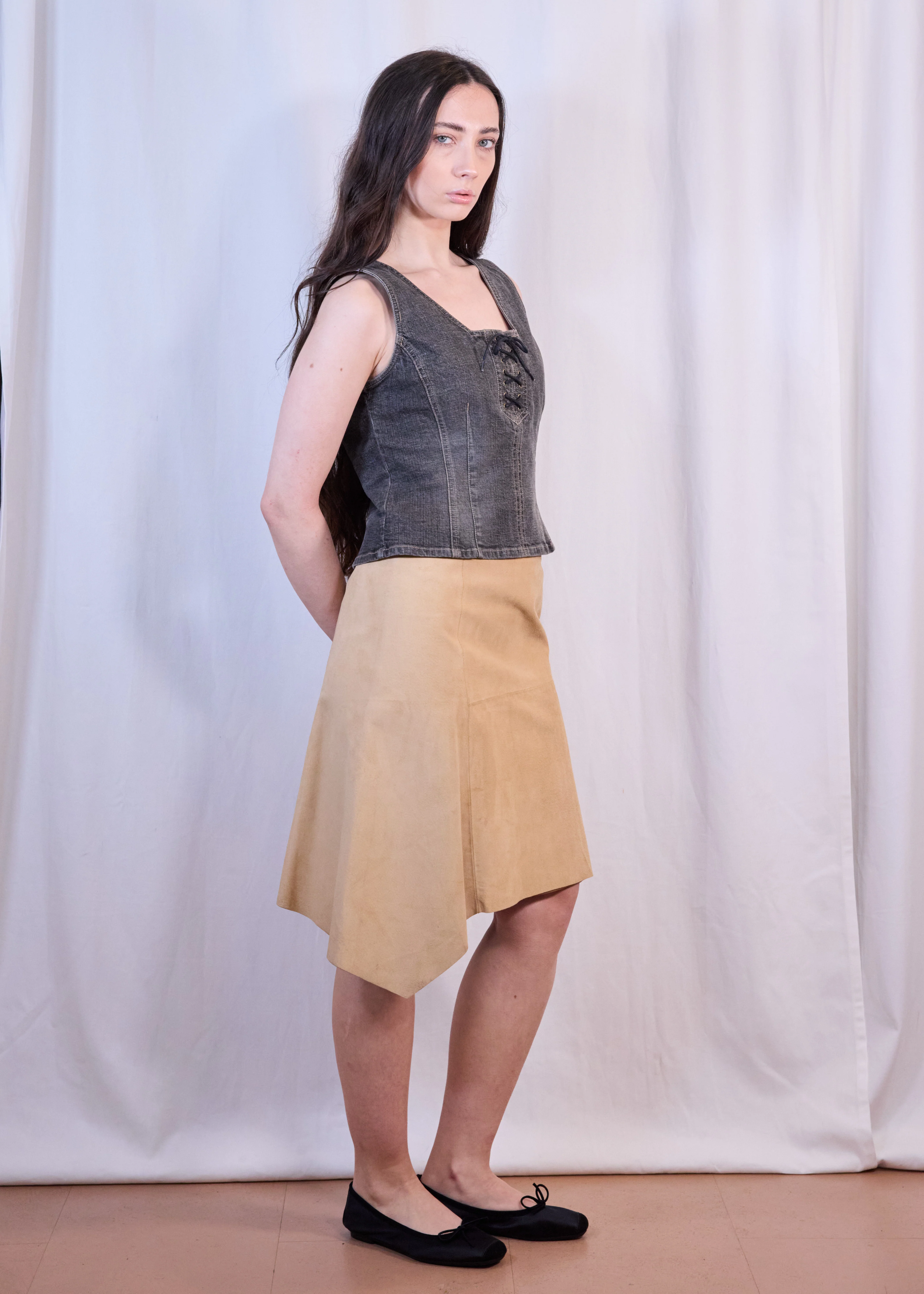 Asymmetric Suede Camel Skirt - Image 3
